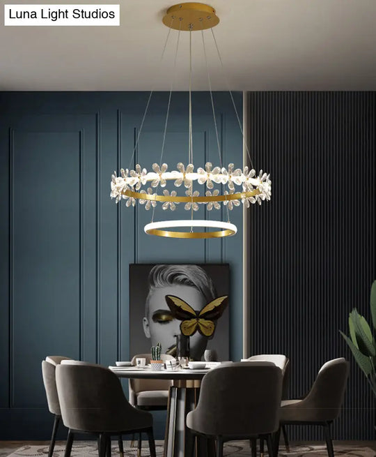Minimalist Crystal Led Chandelier With Gold Finish & Metal Ring