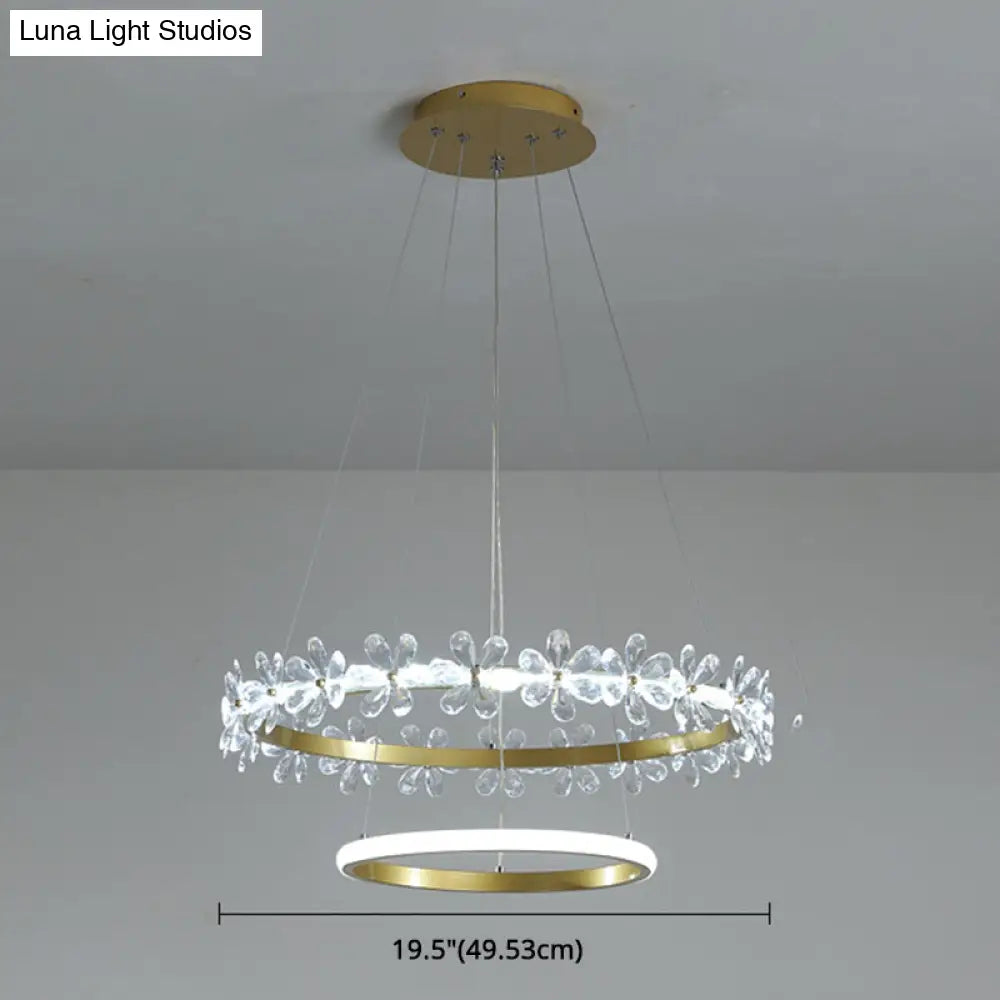 Minimalist Crystal Led Chandelier With Gold Finish & Metal Ring