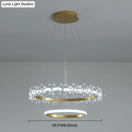Minimalist Crystal Led Chandelier With Gold Finish & Metal Ring
