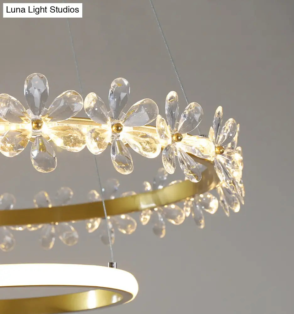 Minimalist Crystal Led Chandelier With Gold Finish & Metal Ring