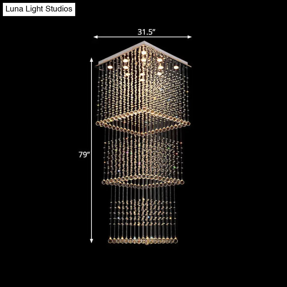 Silver Crystal Square Hanging Light - Minimalist Led Multi Lamp Pendant With 13 Bulbs For Stairs