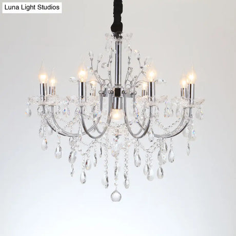 Minimalist Crystal Swag Chandelier: 9-Bulb Pendant Lamp In Chrome - Ideal For Living Room Lighting