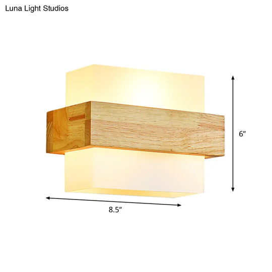 Minimalist Cube Wall Sconce With Opal Glass And Wood Detail