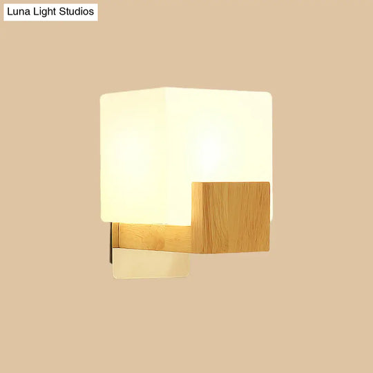Minimalist Cube Wall Sconce With Opal Glass And Wood Detail