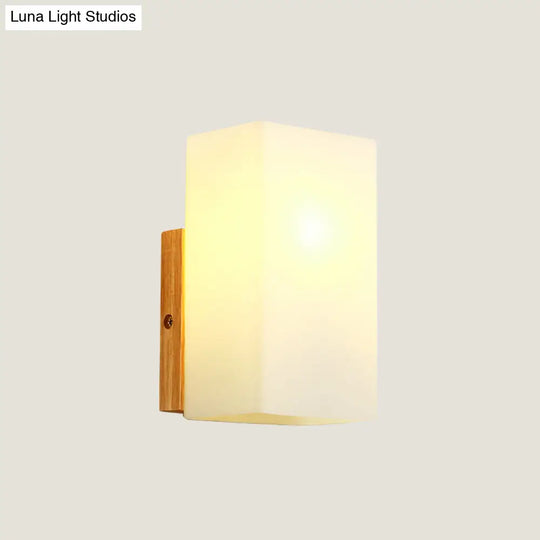 Minimalist Cube Wall Sconce With Opal Glass And Wood Detail