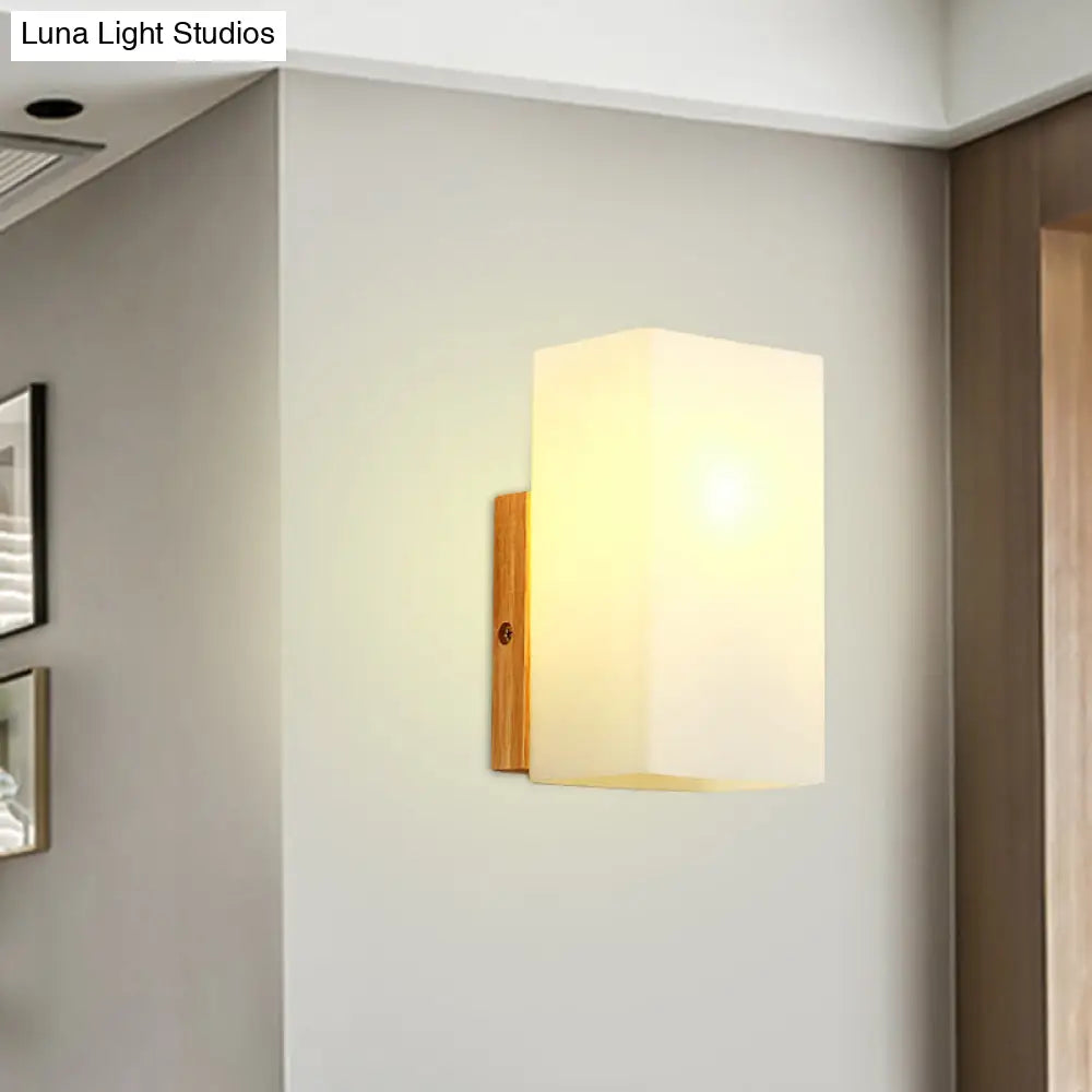Minimalist Cube Wall Sconce With Opal Glass And Wood Detail