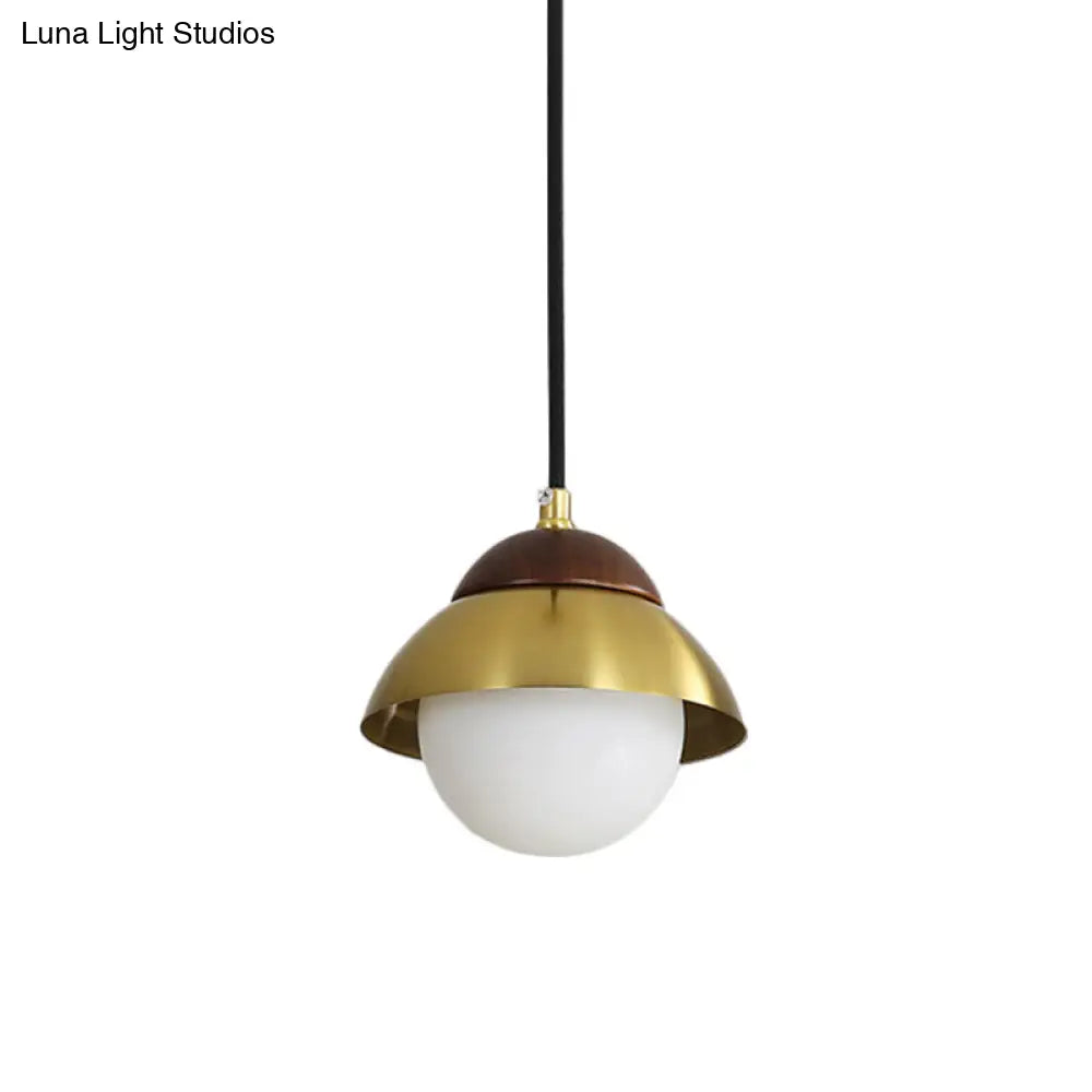 Minimalist Dome Living Room Ceiling Pendant Light With Global White Glass Shade - Brass Finish