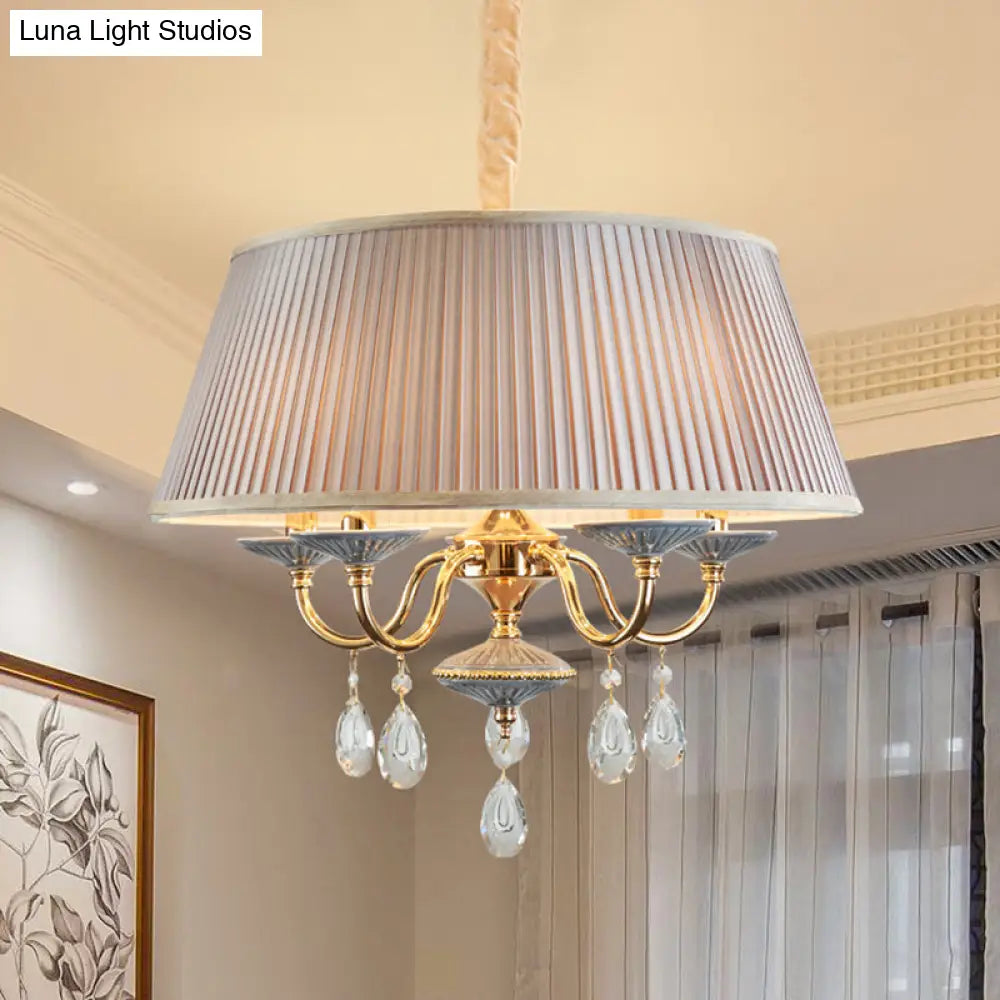 Minimalist Drum Chandelier With Crystal Droplet - 4 Heads Pendant Lamp In White/Grey Grey