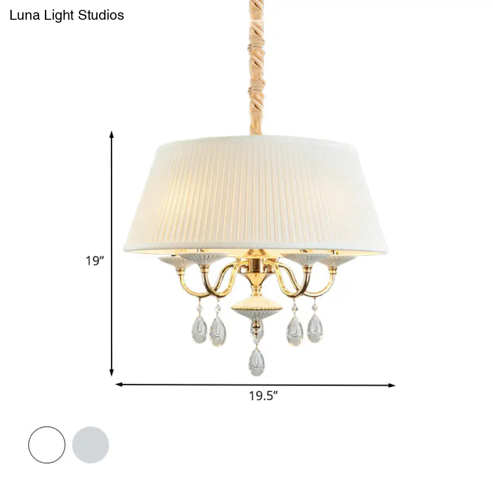 Minimalist Drum Chandelier With Crystal Droplet - 4 Heads Pendant Lamp In White/Grey