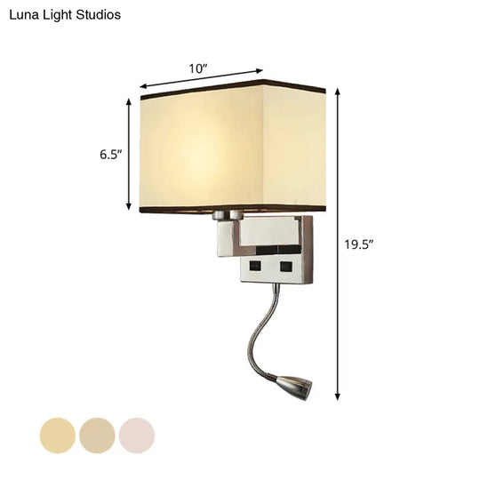 Minimalist Fabric Cuboid Wall Light Kit - 1-Light White/Beige Spotlight Sconce Lamp With Charging