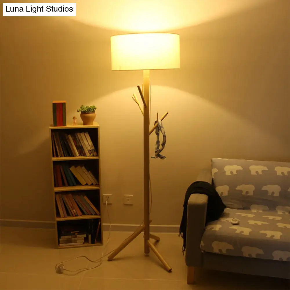 Minimalist Fabric Drum Floor Lamp With Wood Coat Rack - 1 Head Bedroom Lighting