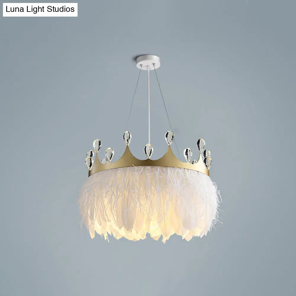 Minimalist Feather Crown Pendant Light With Crystal Deco White / 14’