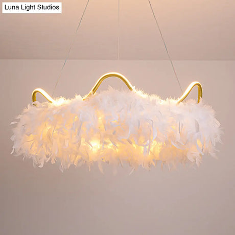 Minimalist Feather White Crown Led Chandelier - Ideal For Kids Bedroom Hanging Light