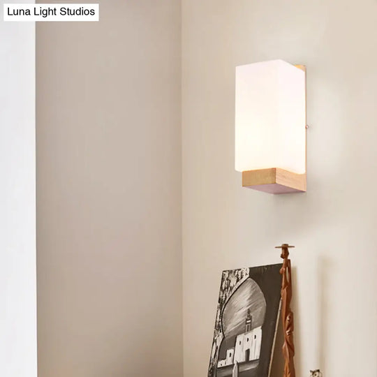 Minimalist Geometric Stairs Wall Sconce - Cream Glass Single Flush Light In Wood