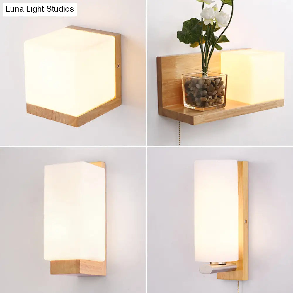 Minimalist Geometric Stairs Wall Sconce - Cream Glass Single Flush Light In Wood