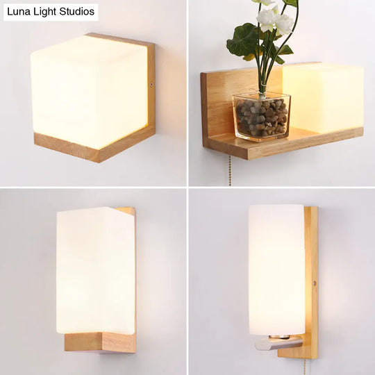 Minimalist Geometric Stairs Wall Sconce - Cream Glass Single Flush Light In Wood