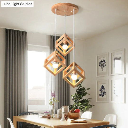 Minimalist Geometric Wood Ceiling Light With 3 Bulbs For Dining Rooms / Square Plate Round
