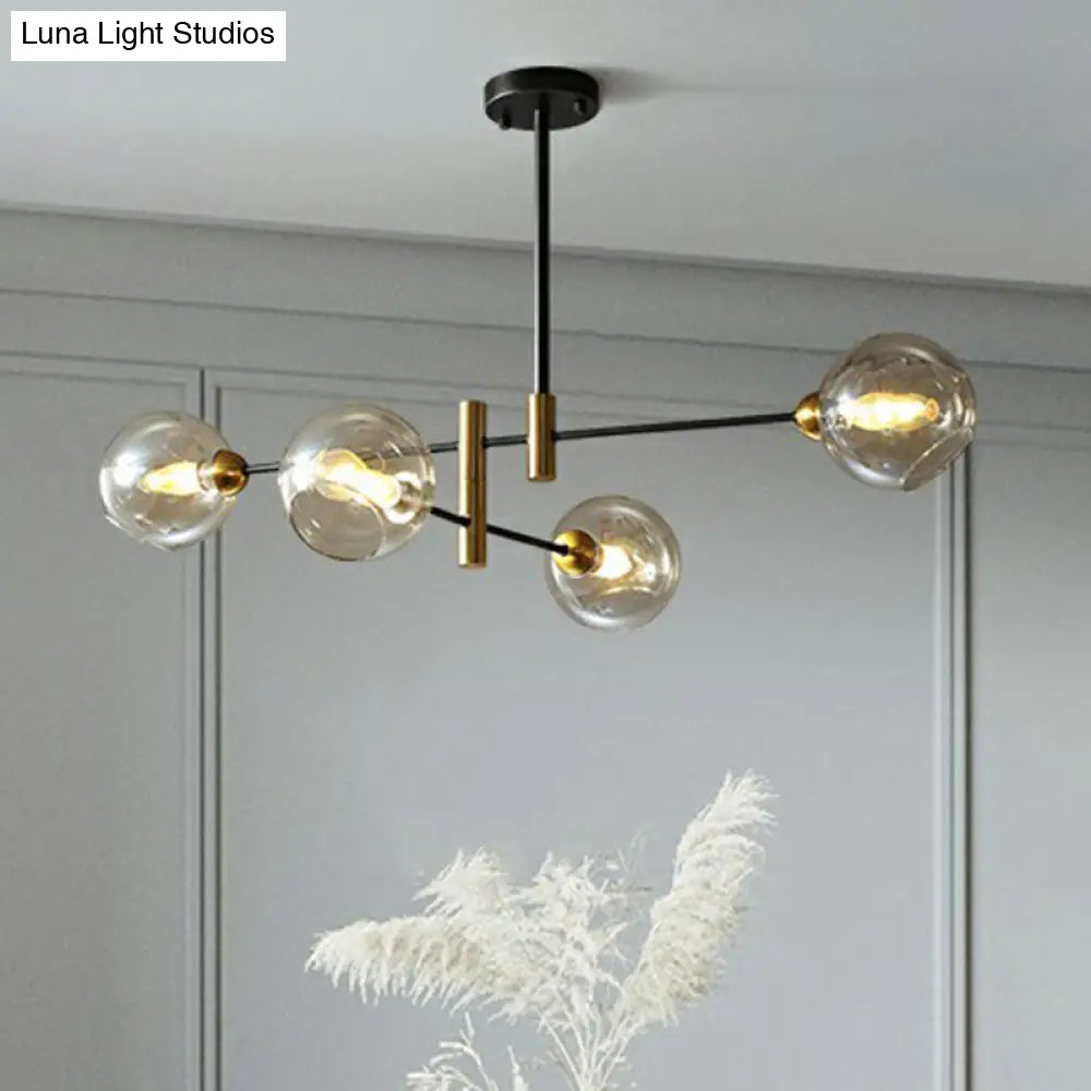 Minimalist Glass Dome Chandelier - Black And Brass Suspended Lighting Fixture For Dining Room