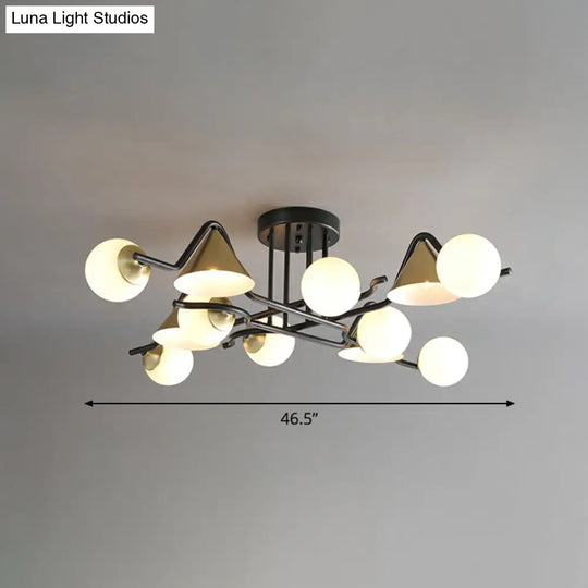 Minimalist Glass Semi Flush Ceiling Light - Cone And Ball Shaped Black - Brass Finish 12 / Cream