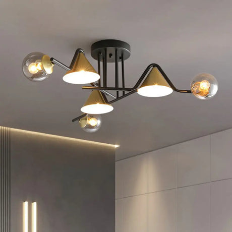 Minimalist Glass Semi Flush Ceiling Light - Cone And Ball Shaped Black - Brass Finish 6 / Clear