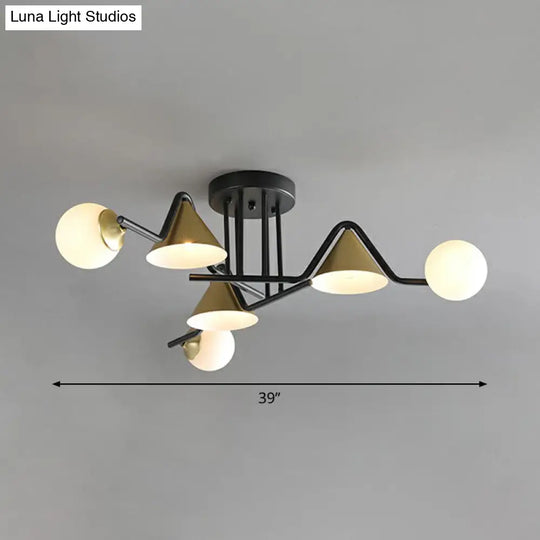 Minimalist Glass Semi Flush Ceiling Light - Cone And Ball Shaped Black - Brass Finish 6 / Cream