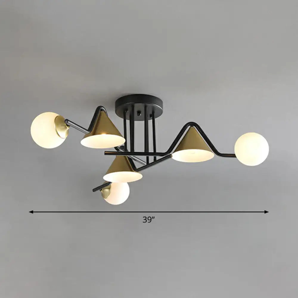 Minimalist Glass Semi Flush Ceiling Light - Cone And Ball Shaped Black - Brass Finish 6 / Cream