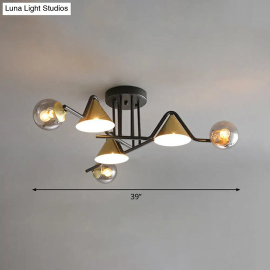 Minimalist Glass Semi Flush Ceiling Light - Cone And Ball Shaped Black - Brass Finish 6 / Smoke Gray