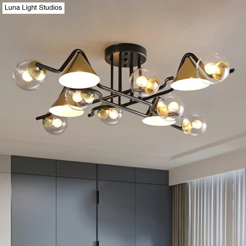 Minimalist Glass Semi Flush Ceiling Light - Cone And Ball Shaped Black - Brass Finish