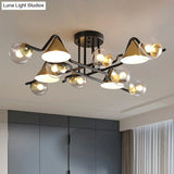 Minimalist Glass Semi Flush Ceiling Light - Cone And Ball Shaped Black - Brass Finish