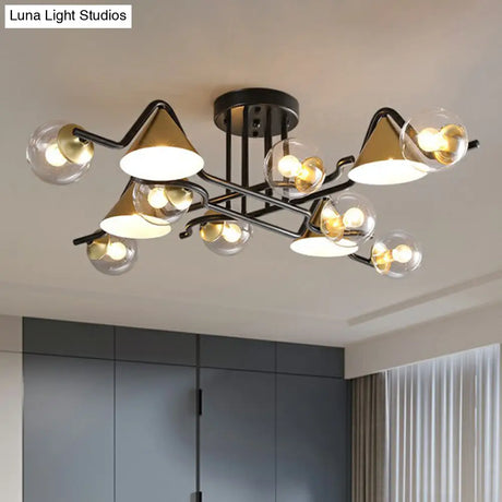 Minimalist Glass Semi Flush Ceiling Light - Cone And Ball Shaped Black - Brass Finish