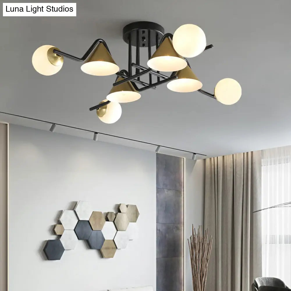 Minimalist Glass Semi Flush Ceiling Light - Cone And Ball Shaped Black - Brass Finish 8 / Cream