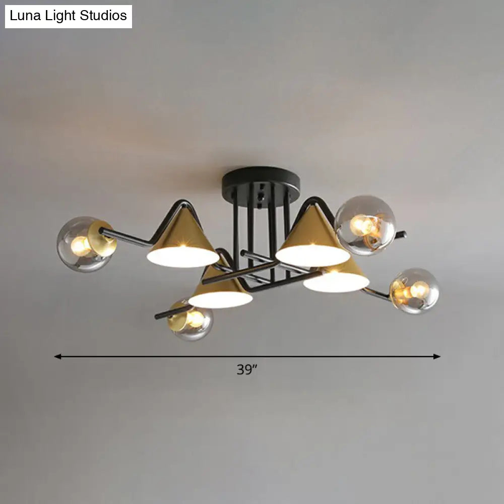 Minimalist Glass Semi Flush Ceiling Light - Cone And Ball Shaped Black - Brass Finish 8 / Smoke Gray