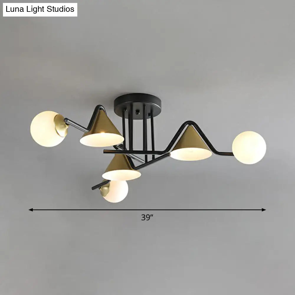 Minimalist Glass Semi Flush Ceiling Light - Cone And Ball Shaped Black-Brass Finish 6 / Cream