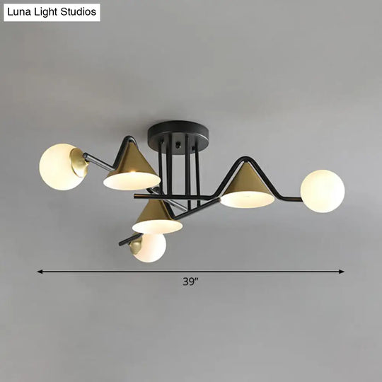 Minimalist Glass Semi Flush Ceiling Light - Cone And Ball Shaped Black-Brass Finish 6 / Cream