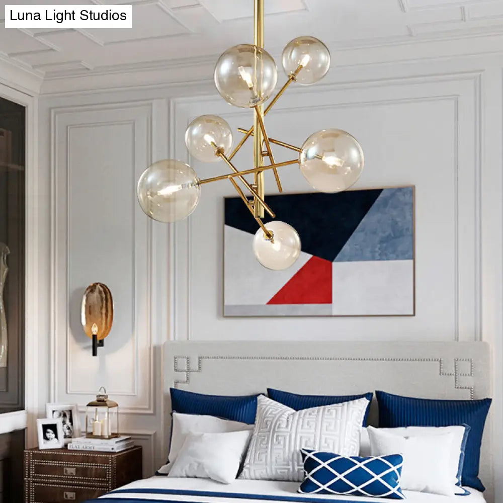 Minimalist Globe Cognac Glass Semi Flush Light With 6 Lights Bedroom Mount In Brass