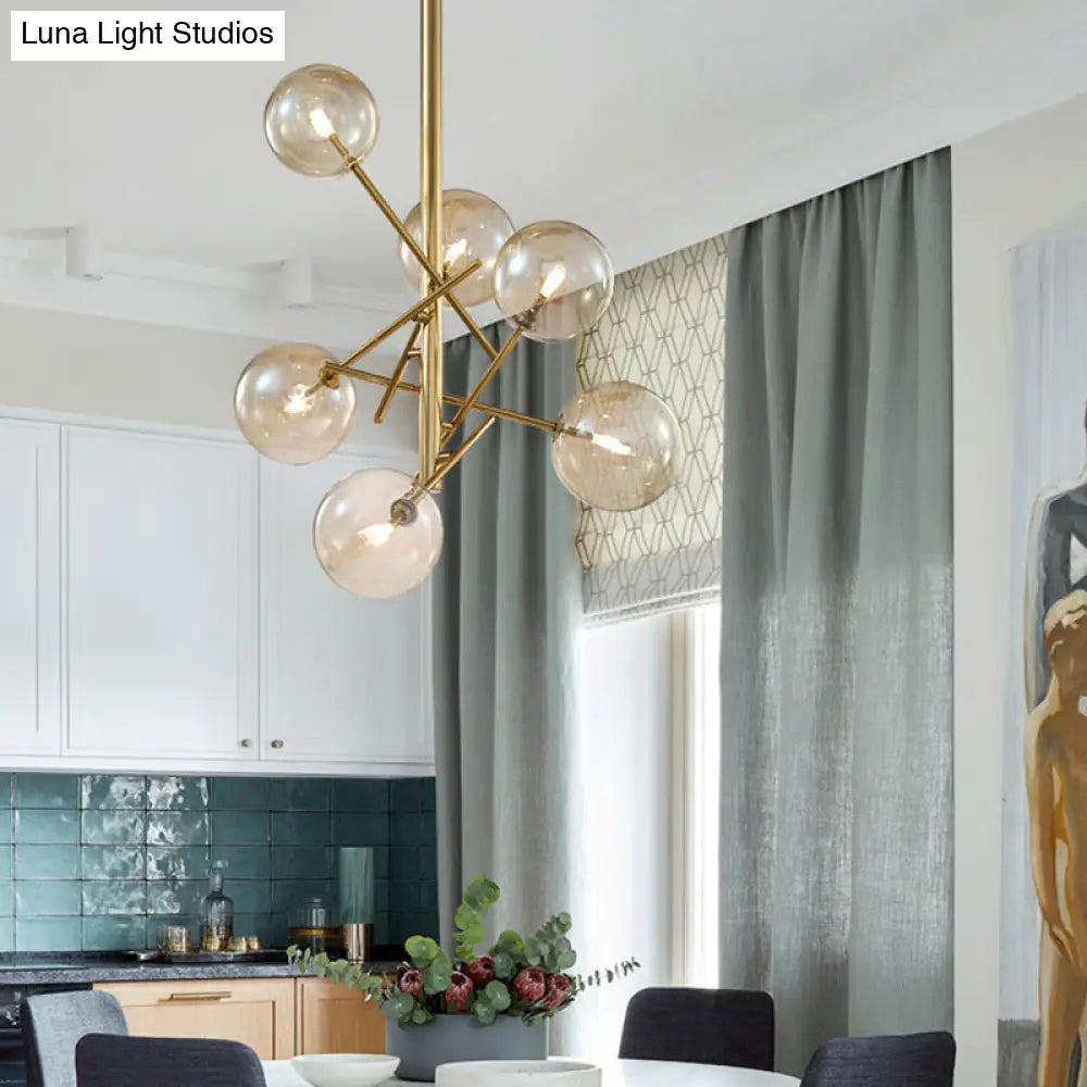 Minimalist Globe Semi Flush Light With Cognac Glass And 6 Lights - Brass Mount For Bedroom