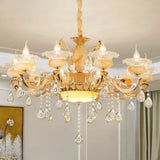Minimalist Gold Chandelier With Blossom Jade Crystal Draping And Hanging Lamp Kit 10 / B