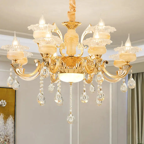 Minimalist Gold Chandelier With Blossom Jade Crystal Draping And Hanging Lamp Kit 12 / B