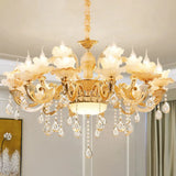 Minimalist Gold Chandelier With Blossom Jade Crystal Draping And Hanging Lamp Kit 18 / A