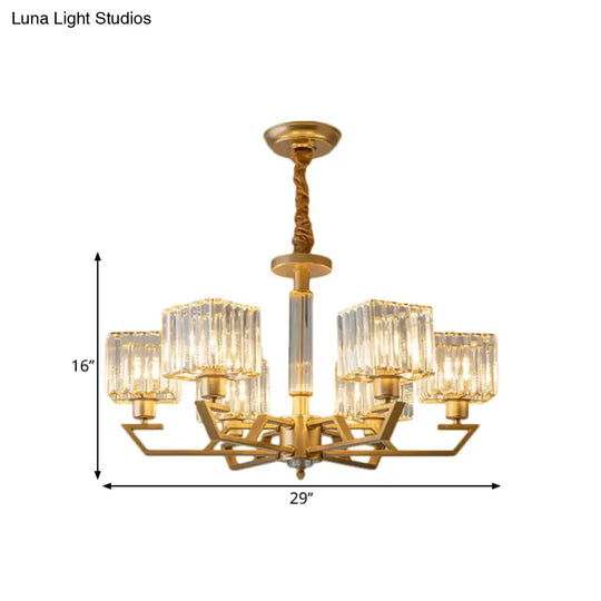 Minimalist Gold Chandelier With Clear Crystal Prisms - 3/6 Light Suspended Fixture