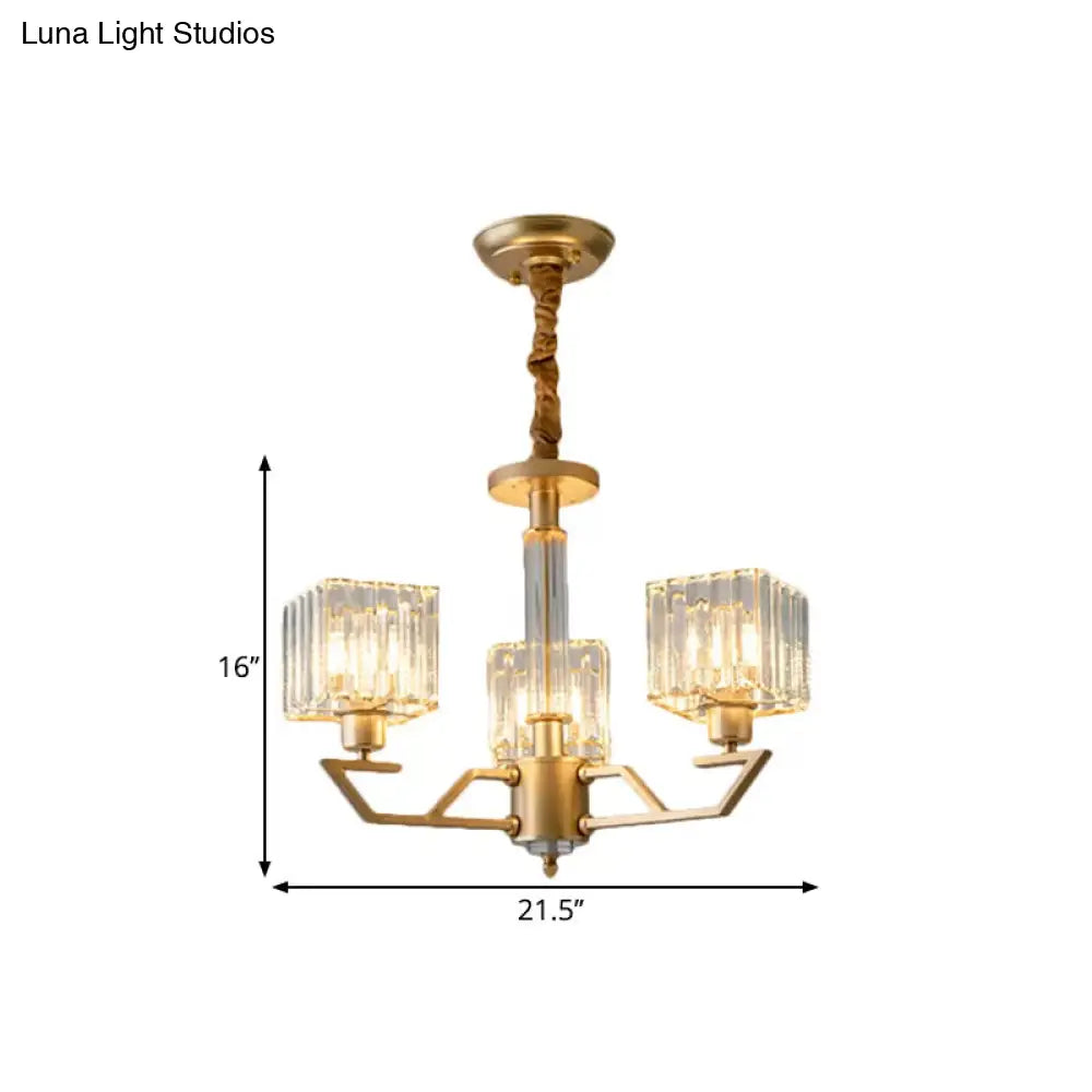 Minimalist Gold Chandelier With Clear Crystal Prisms - 3/6 Light Suspended Fixture