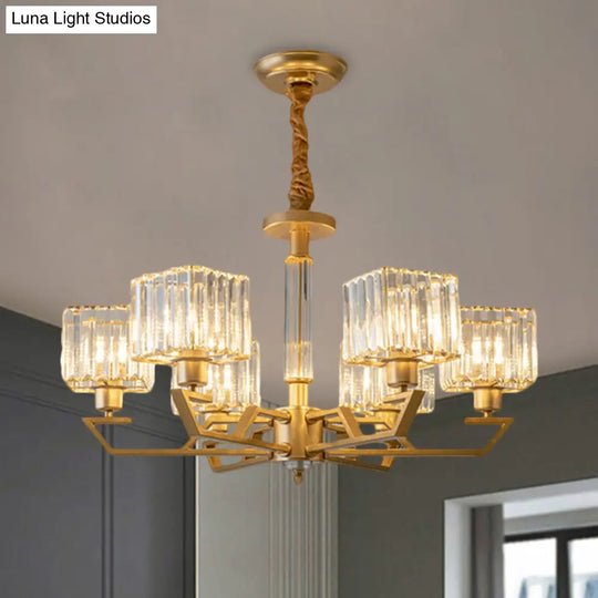 Minimalist Gold Chandelier With Clear Crystal Prisms - 3/6 Light Suspended Fixture