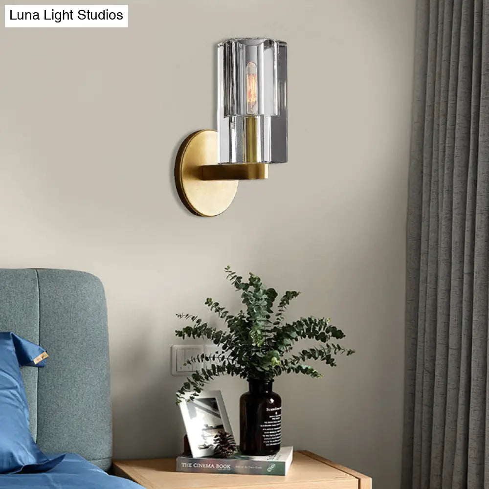 Minimalist Gold Crystal Wall Sconce - Clear Faceted 1-Light Fixture
