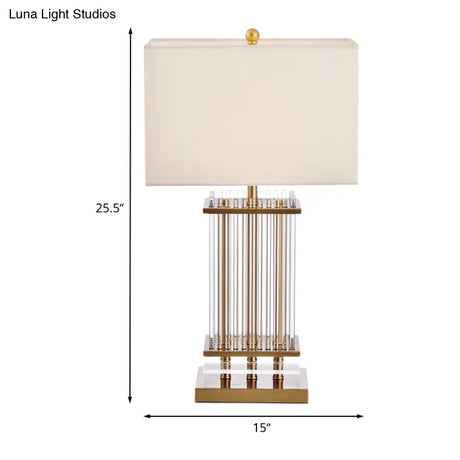 Minimalist Gold Desk Lamp With Clear Glass Bars - White Fabric Rectangle Night Table Light