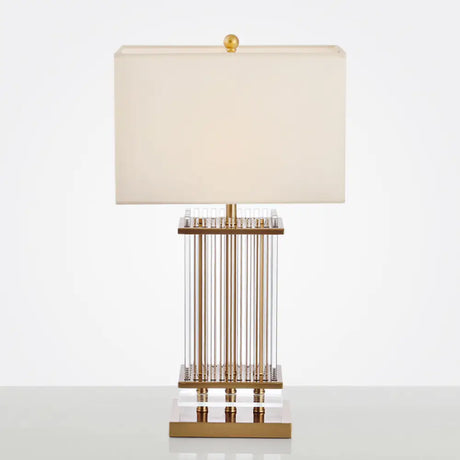 Minimalist Gold Desk Lamp With Clear Glass Bars - White Fabric Rectangle Night Table Light