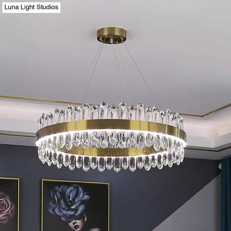 Minimalist Gold Halo Chandelier Pendant With Led Crystal Icicle - Elegant Hanging Light Fixture