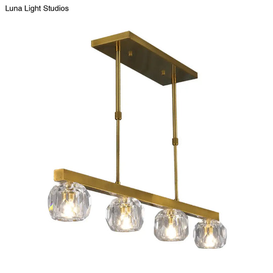 Minimalist Gold Island Pendant Light With Faceted Crystal Sphere And Linear Design - 3/4 Lights