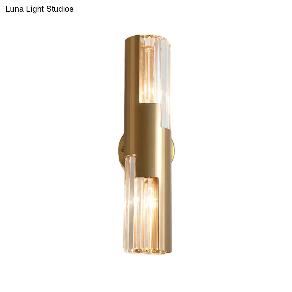Minimalist Gold Pole Wall Sconce With K9 Crystal And 2 Bulbs For Living Room