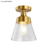 Minimalist Gold Semi Flush Mount Light With Conical Shade And Clear Glass Ceiling Fixture