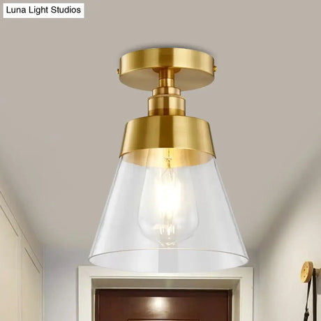 Minimalist Gold Semi Flush Mount Light With Conical Shade And Clear Glass Ceiling Fixture